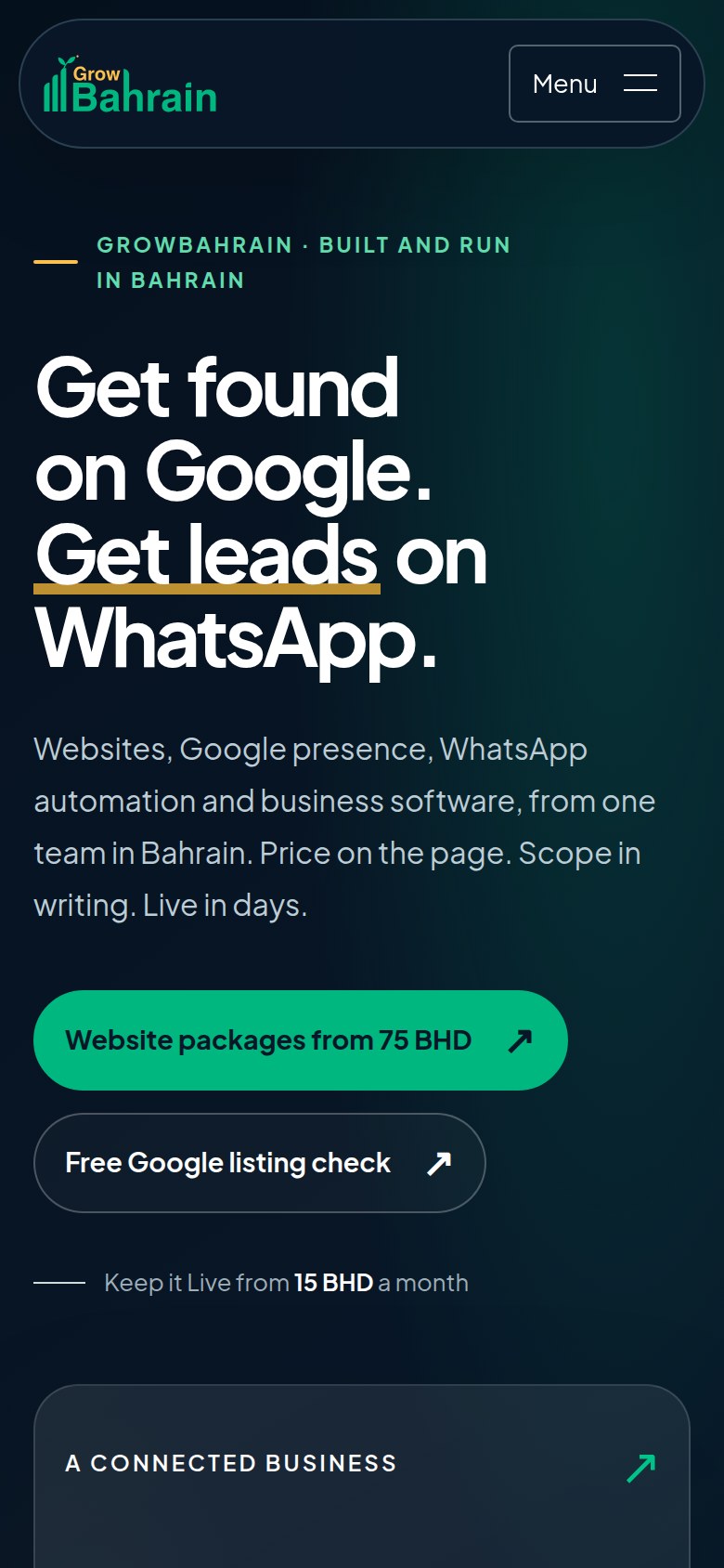 GrowBahrain homepage on mobile